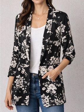 ASTR Black White Floral Blazer Lightweight Open Front Jacket Size Small